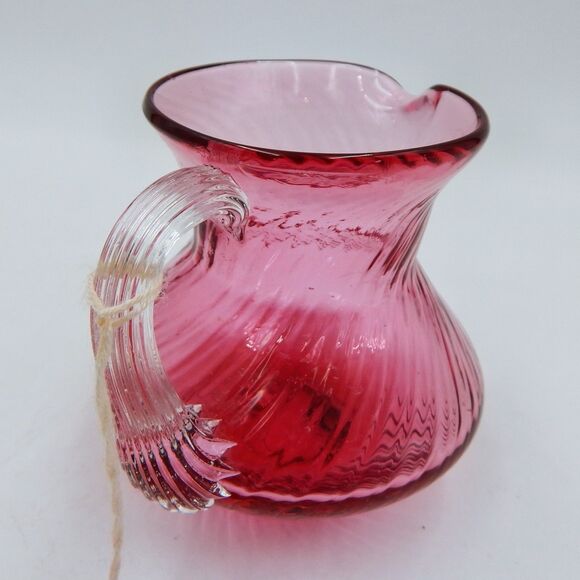 Pilgrim Glass Handblown Swirl Cranberry Vase Pitcher Applied Clear Handle 3 Inch - Picture 5 of 9